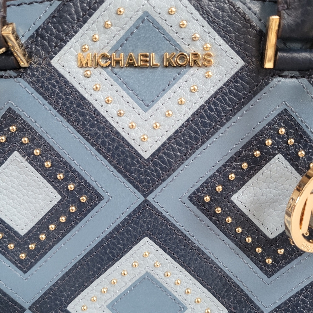 Like New Michael Kors Riley Blue Studded Patchwork Satchel - Picture 7 of 15